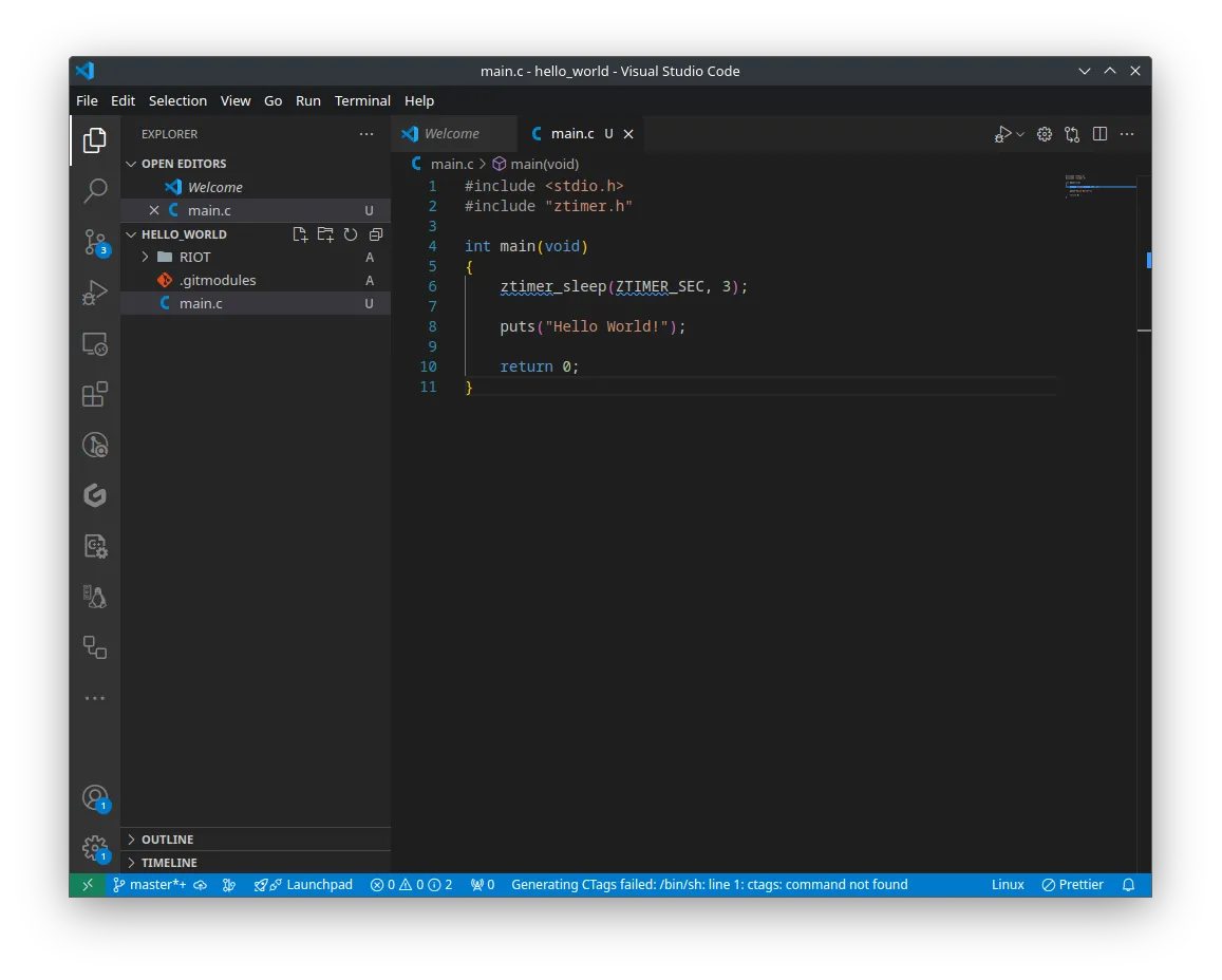 The hello world program in Visual Studio Code